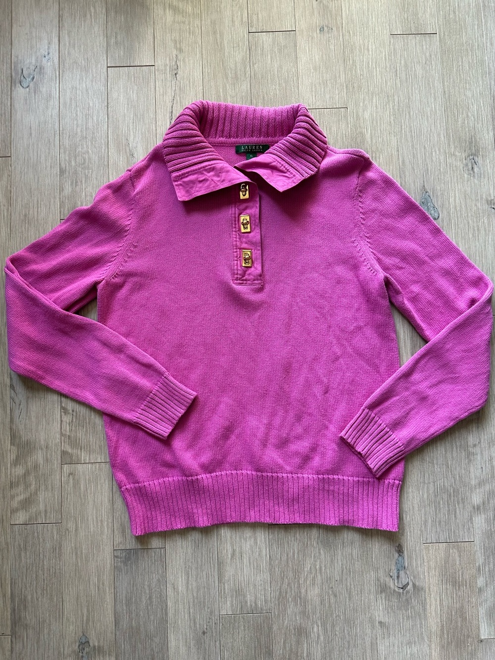 Lauren Ralph Lauren Hot Pink Polo Turtleneck Sweater with Gold-Tone Buttons XL
